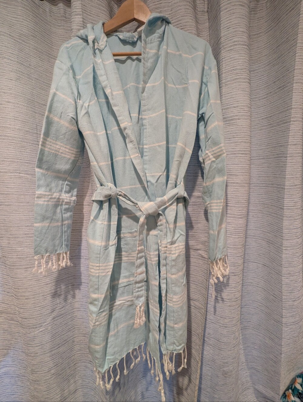 Light Blue Striped Hooded Robe/Cover Up with Fringe - M